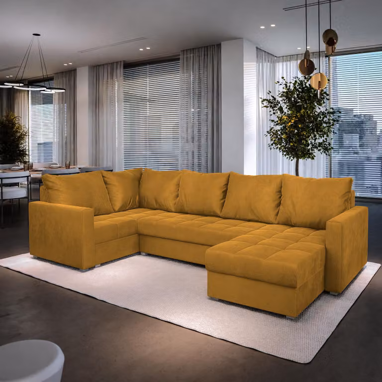 Divano angolare Masseno LORIVO L-S con funzione letto a U, divano con box letto, divano da soggiorno, divano, divano letto, set di divani - giallo, KRONOS 01