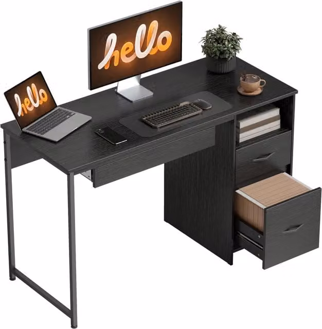 Scrivania per Computer Xylo con Cassetti e Ripiani in Legno e Acciaio Nero L: 120 cm, P: 52,3 cm, H: 76 cm