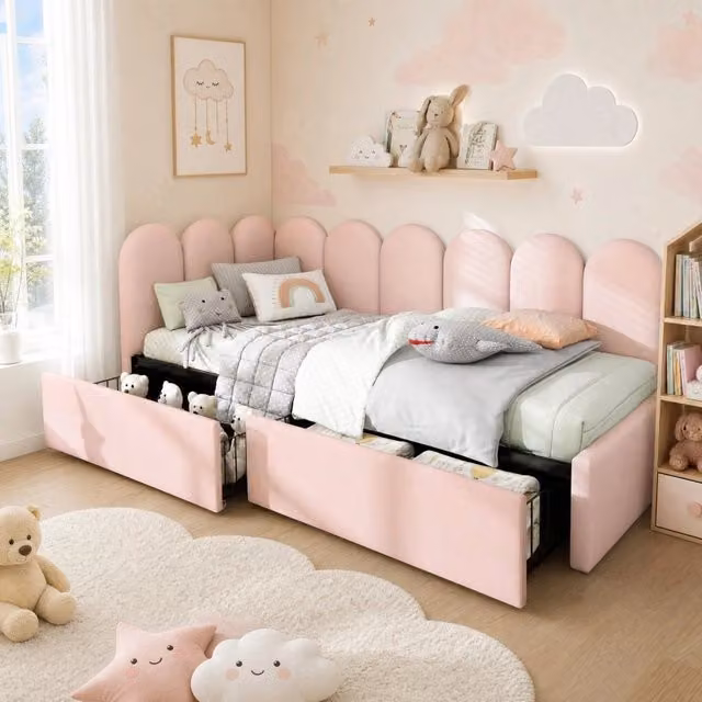 Letto singolo 90x200 cm rosa in velluto, 2 cassetti portaoggetti, senza materasso