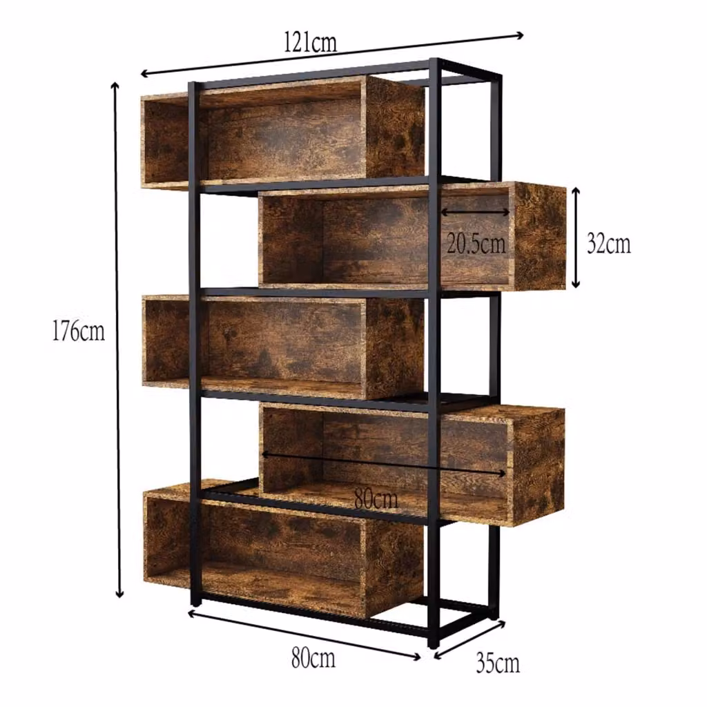 Libreria Minimal a 5 ripiani in stile industrial con finitura marrone effetto legno e metallo nero L: 80 cm, P: 30 cm, H: 150 cm – 2