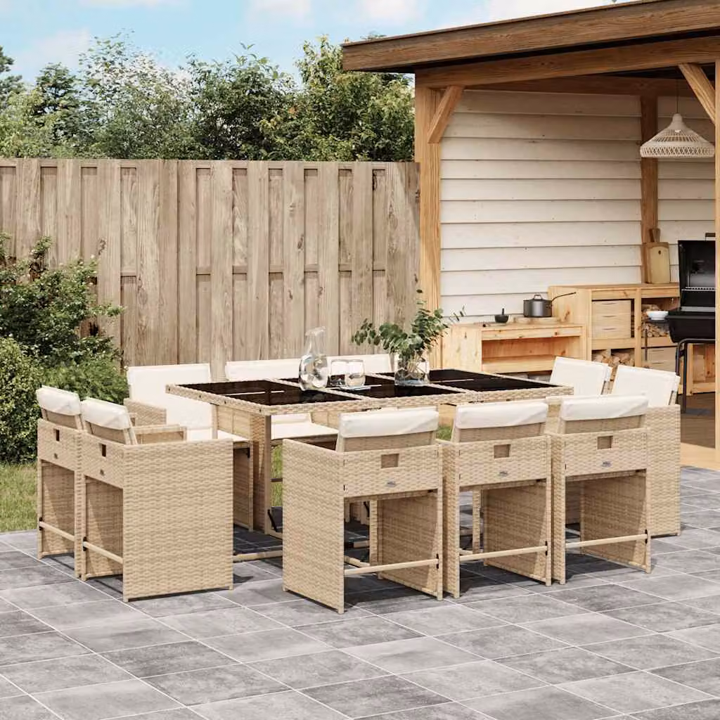 Set da Pranzo da Giardino vidaXL in Polyrattan con Cuscini Beige e Tavolo in Vetro 11 pz – 1