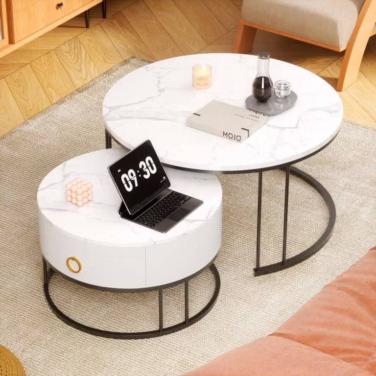 Set di due tavolini da salotto - Tavolino per il soggiorno - Tavolino per il balcone - Tavolino in marmo - Tavolino lucido - Bianco