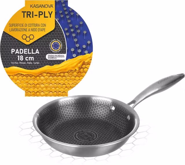 Padella Kasanova in acciaio inox e alluminio Tri-Ply, diametro 18 cm, colore argento, adatta al forno