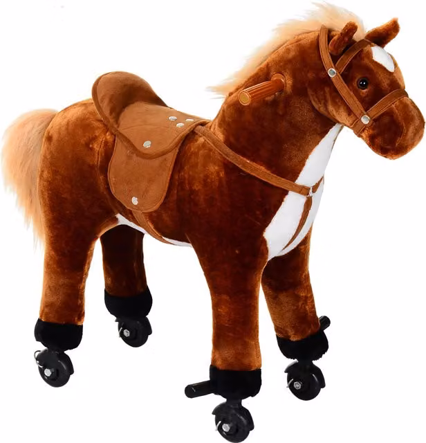 Cavallo giocattolo cavalcabile HOMCOM per bambini con suoni, peluche marrone, L: 65 cm, P: 28 cm, H: 75 cm