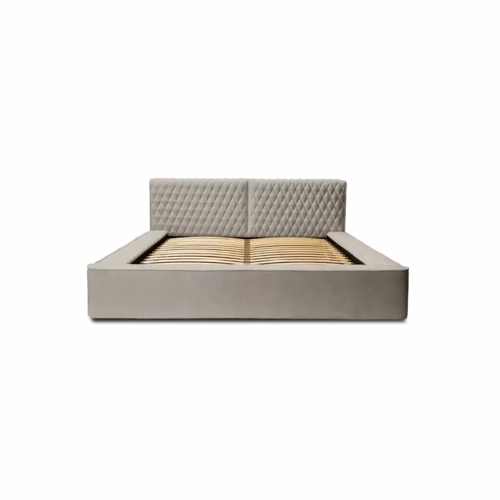 Letto contenitore VERNON Meublorama in tessuto bouclé di ciniglia color taupe fumé con rete a doghe sollevabile L/P: 160 x 200 cm – 2
