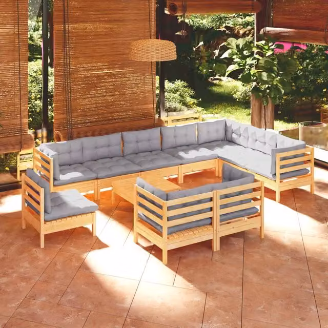 Set di Divani da Giardino vidaXL in Legno di Pino Massello con Cuscini Grigi, 11 Pezzi, Design Moderno a L – 1