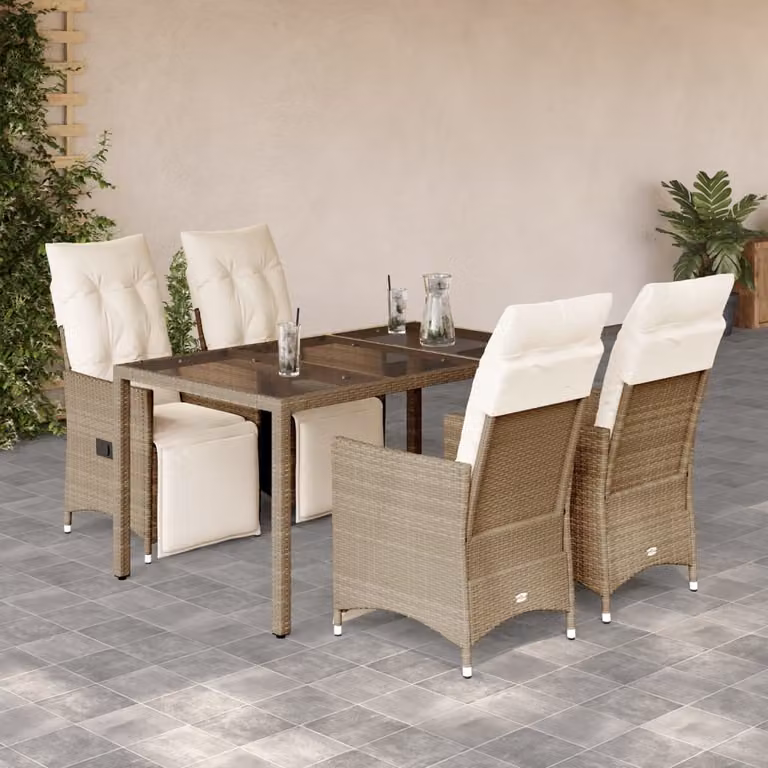 Set da Bistrò da Giardino 5 pz vidaXL in Polyrattan con Cuscini Beige e Piano in Vetro