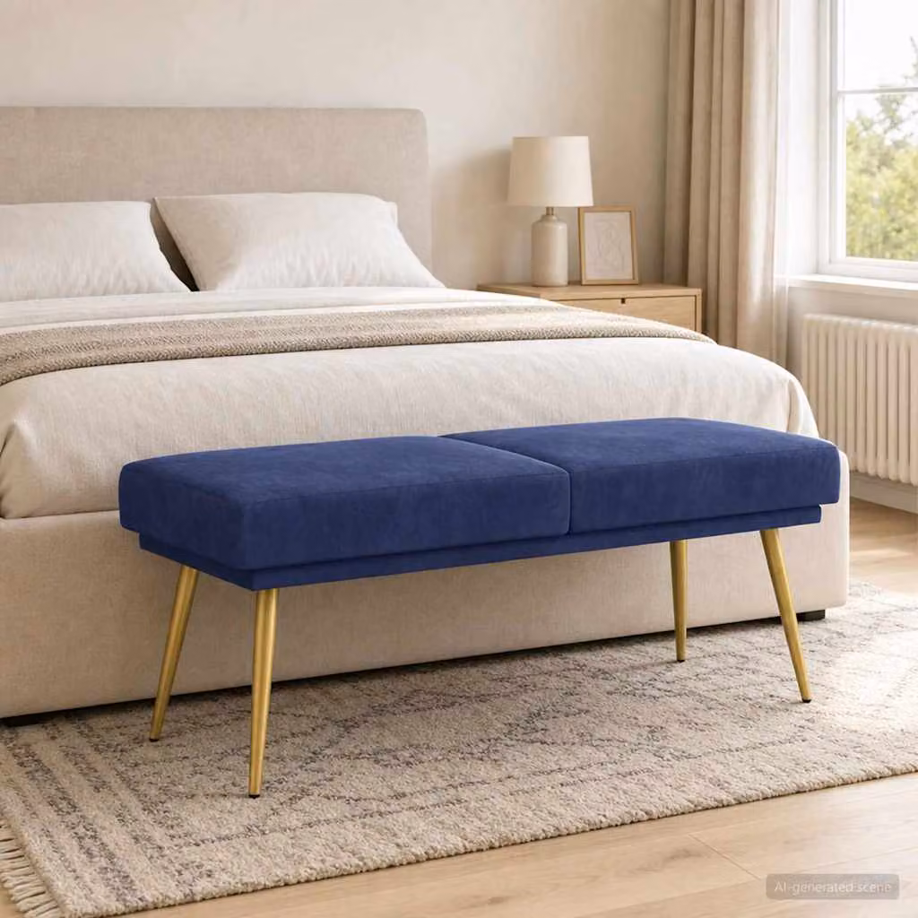 Panchina moderna vidaXL in velluto blu con struttura in metallo e MDF L/P/H: 120 x 45 x 46 cm