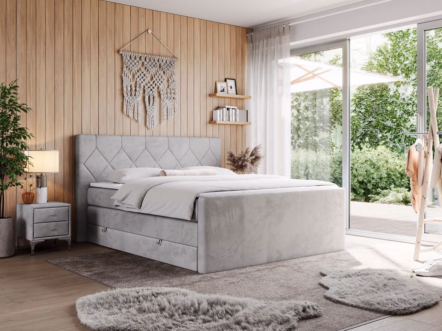 Letto boxspring con materasso matrimoniale, due cassetti portaoggetti, coprimaterasso, per camera da letto - KING EIGAR - 140x200 cm - Grigio chiaro - H3