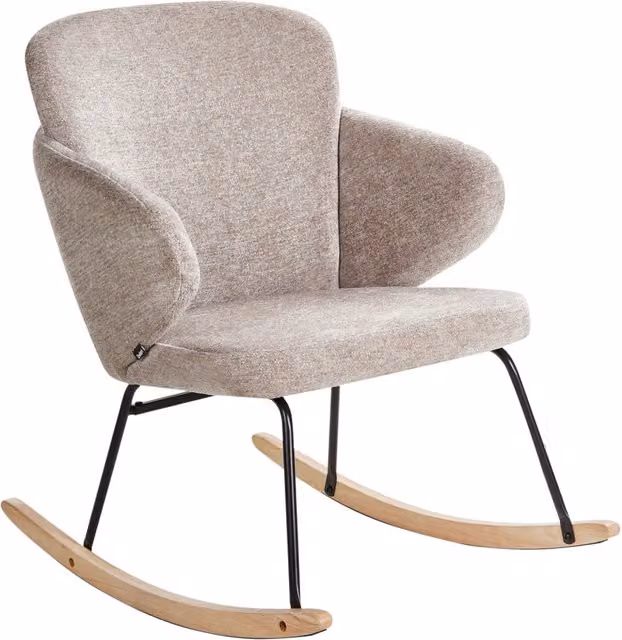 Sedia a dondolo in tessuto tortora gambe in legno e metallo pattini design moderno soggiorno