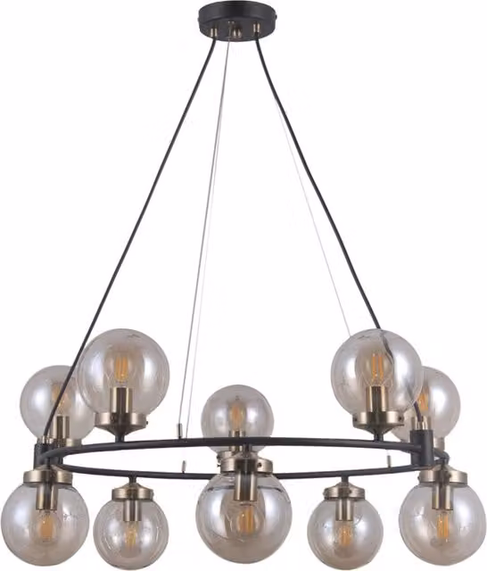 Lampadario industriale Italux Galvez nero e bronzo con 10 luci E14 e paralumi in vetro trasparente