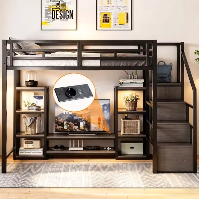 Letto a soppalco in metallo e legno 140 x 200 cm con supporto TV, presa, scala di sicurezza, struttura stabile, contenitore pratico - Nero