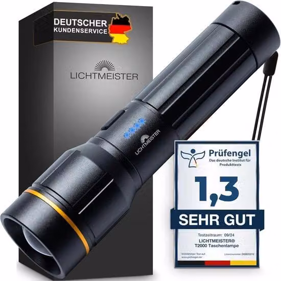 Lanterna LED ricaricabile nera con batteria da 5000 mAh e luminosità di 2000 lumen, impermeabile IP44 per emergenza e giardino