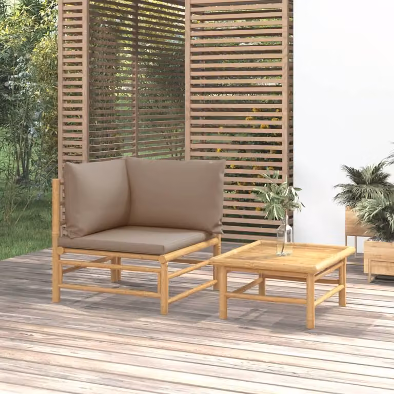 Set da lounge per giardino, composto da due elementi, con cuscini color taupe e struttura in bambù