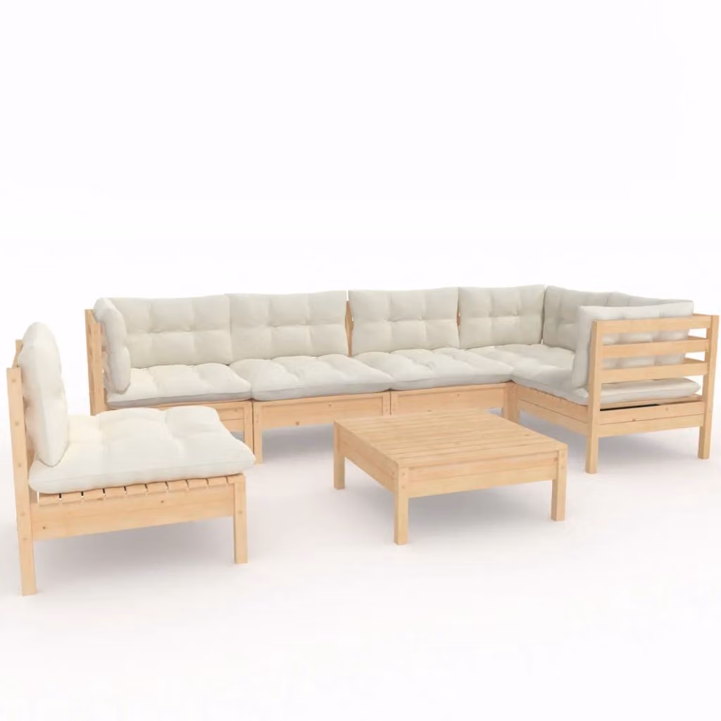 Set Salotto da Giardino 7pz con Cuscini Crema in Legno di Pino