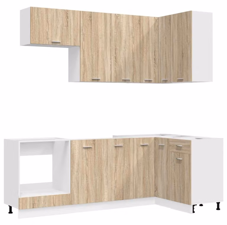 Set da cucina LYON, 8 pezzi, realizzato in materiale composito effetto legno Sonoma