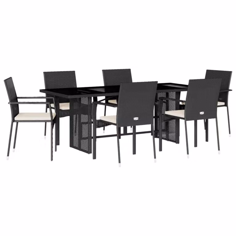 Set da Pranzo da Giardino 7 pz Nero con Cuscini in Polyrattan