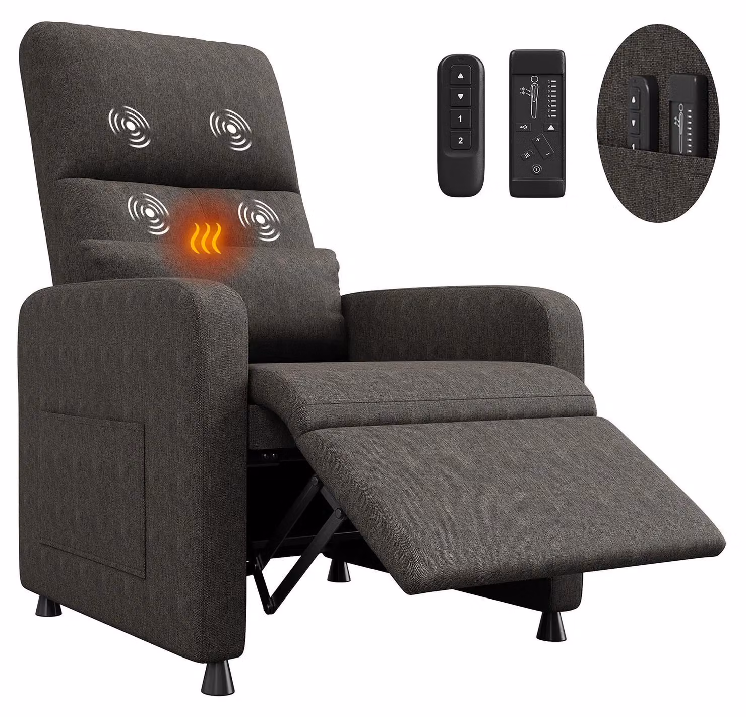 Poltrona reclinabile elettrica - Poltrona TV con funzione massaggio e riscaldamento - Schienale regolabile - Porta USB - Tasche laterali - Colore marrone