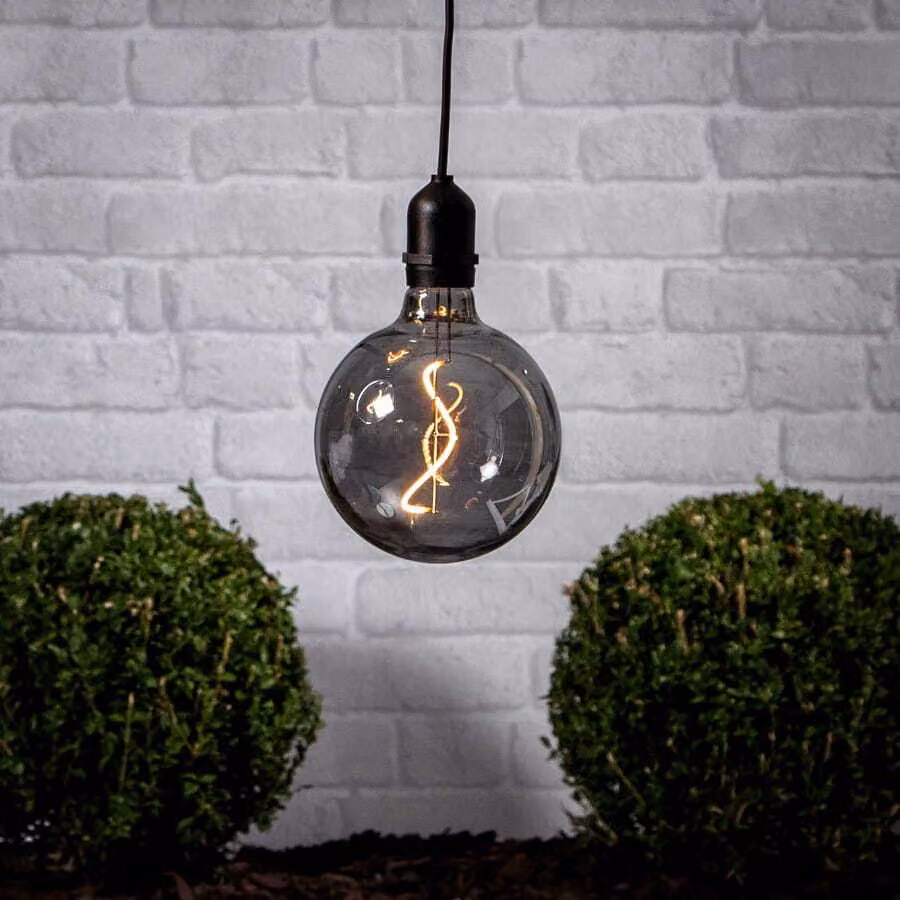 LED illuminato globo BOWL - luce a sospensione - filamento LED - D:12,5 cm - batteria - timer - grigio fumo - esterno