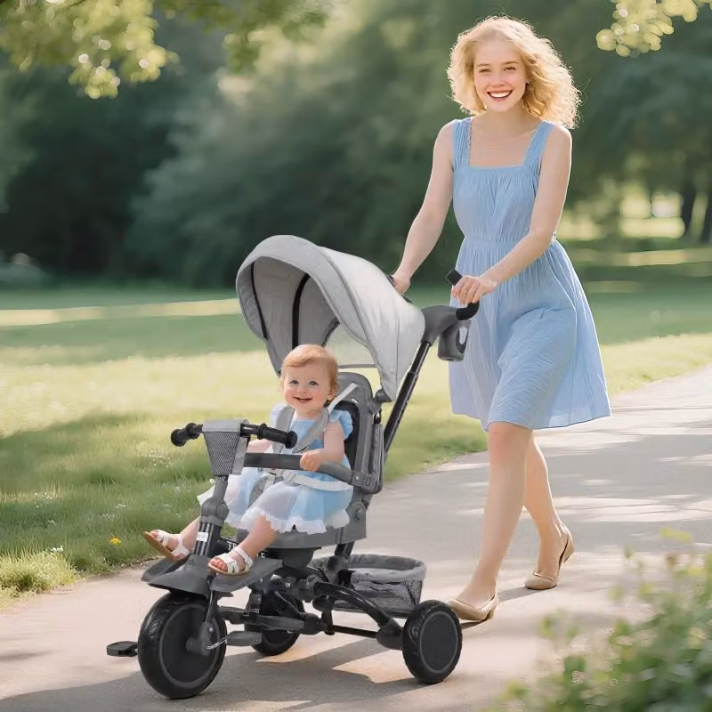 Triciclo 6 in 1 per bambini con maniglione, sedile regolabile, design pieghevole e rete di sicurezza, grigio – 2