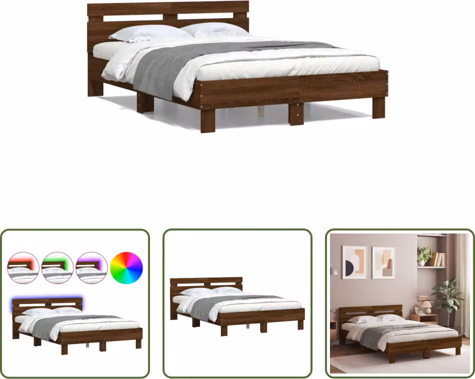 The Living Store Struttura letto con testiera Illuminazione a LED Aspetto rovere marrone