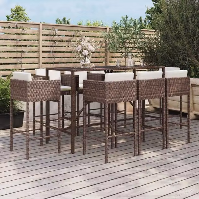 Set Bar da Giardino 9 pz con Cuscini in Polyrattan Marrone 3200650