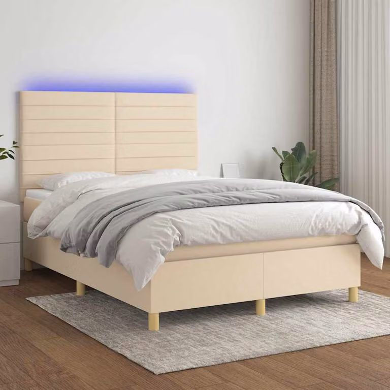 Letto a Molle con Materasso e LED vidaXL in Tessuto Beige e Bianco L/P: 140 x 190 cm