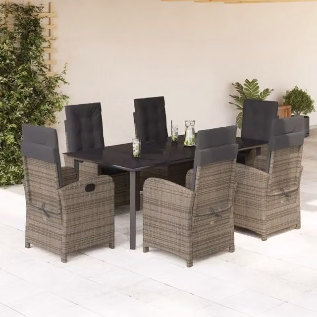 Set da Pranzo da Giardino 7 pz vidaXL in Polyrattan Grigio e Nero con Tavolo in Vetro