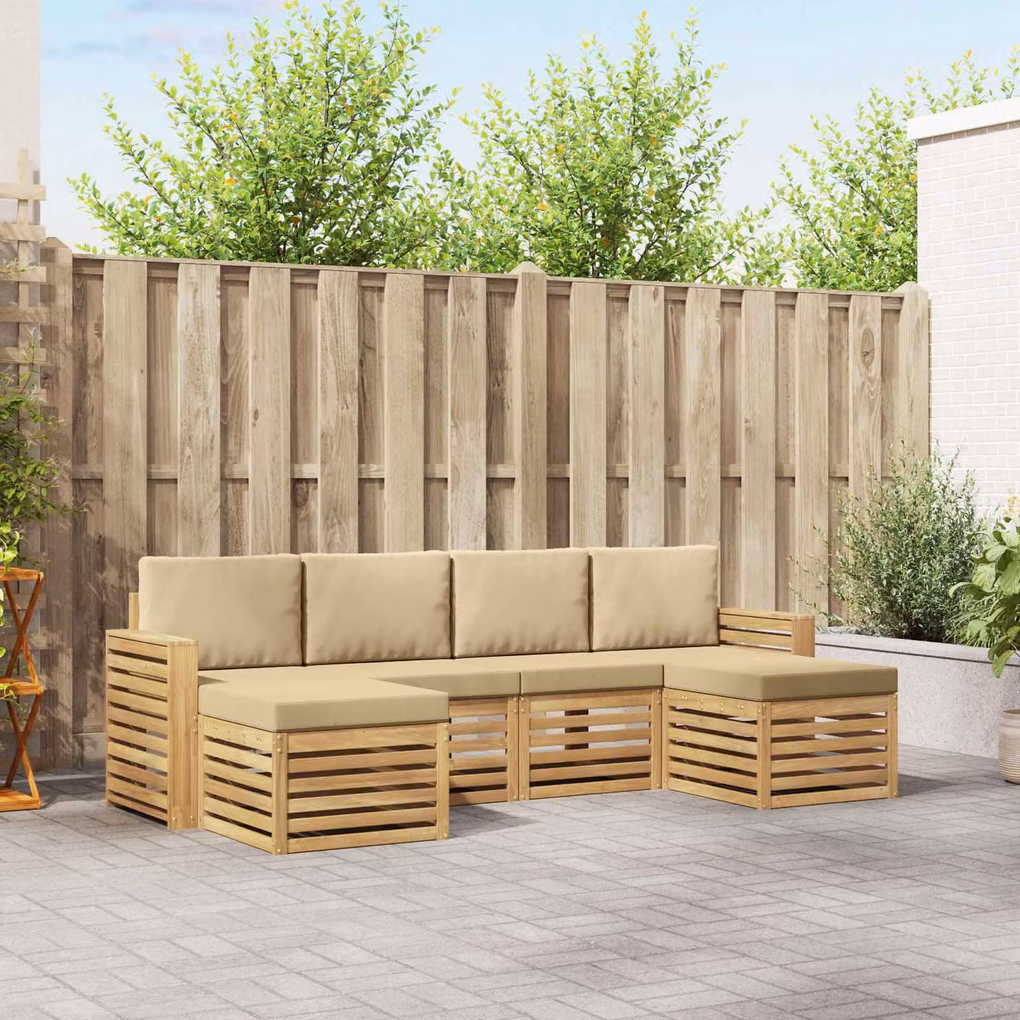 Set di divani da esterno vidaXL 6 pz in legno di acacia con cuscini Bianco, Beige e Marrone