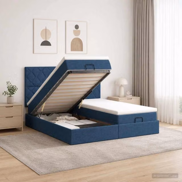 Letto matrimoniale con contenitore a sollevamento e materasso ibrido vidaXL, Blu e Bianco, L: 180 cm, P: 200 cm, H: 88 cm – 1