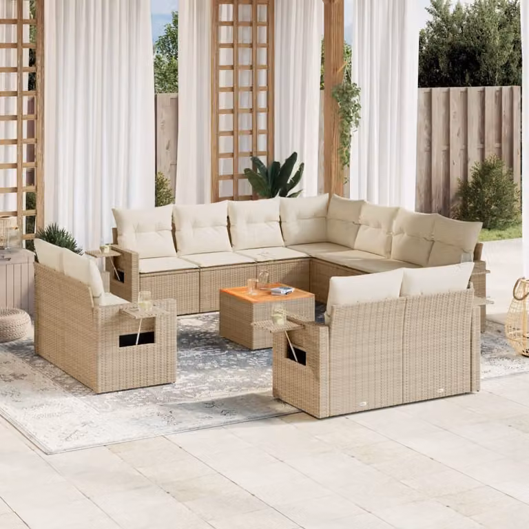 Set di divani da giardino vidaXL a forma di L in polyrattan beige con cuscini e tavolino da caffè