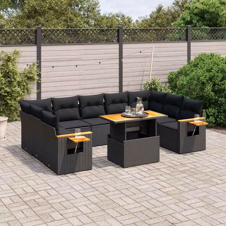 vidaXL Set Divani da Giardino 10 Pezzi in Polyrattan Nero con Cuscini e Tavolino da Esterno