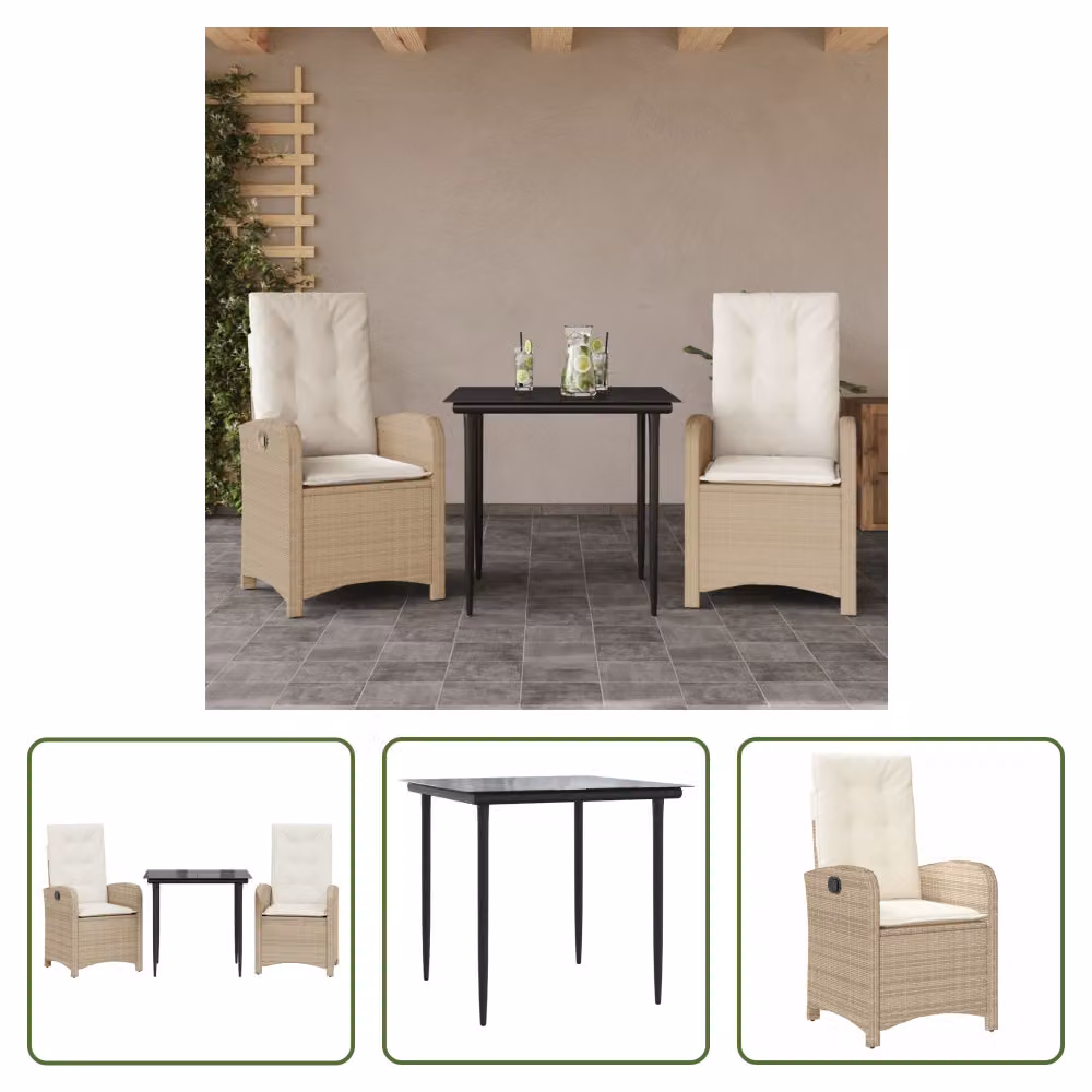 The Living Store Set da pranzo da giardino 3 pezzi con cuscini Beige poly rattan