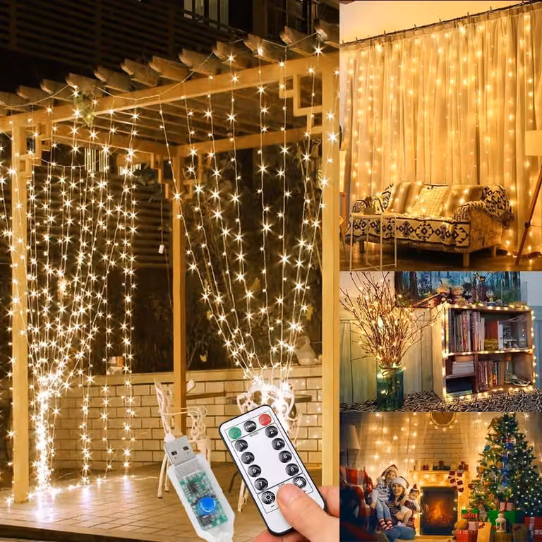 Tenda luminosa a LED, dimensioni 3x3 metri, 300 LED bianco caldo, 8 modalità, grado di protezione IP65