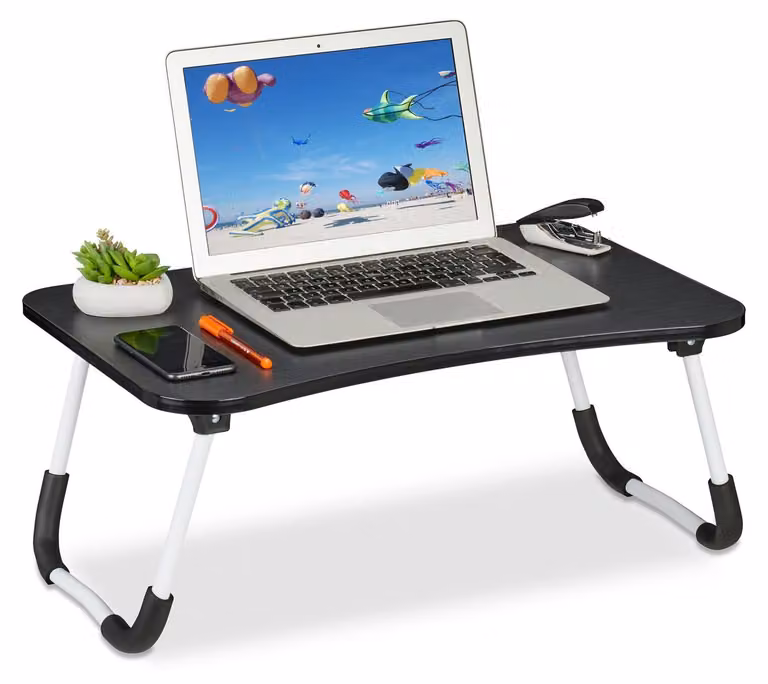 Tavolino per laptop pieghevole - Tavolo da letto e divano - 63 x 40 cm - MDF e ferro - Nero