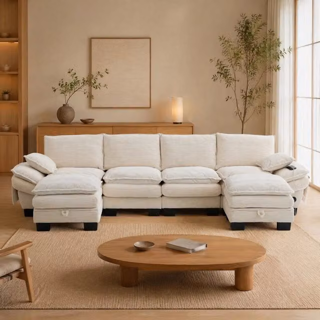 Divano modulare 4 posti ULEVR 330x132x84 cm con 2 pouf, porta USB-C e tasche laterali, beige