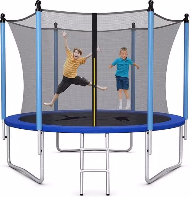 Trampolino Elastico Costway per Interno ed Esterno con Rete di Sicurezza e Scala, Blu, Diametro: 244 cm