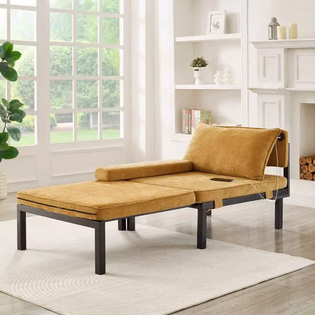 Poltrona letto singola estensibile Mivray in velluto giallo con struttura in legno e porta USB Type-C