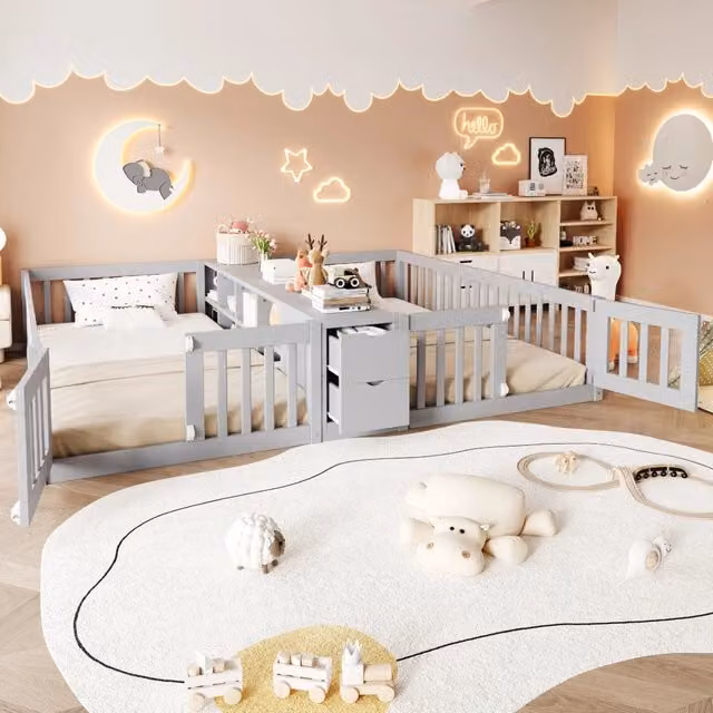 Letto a castello in legno 90x200 cm con cassetti e scaffali doppi, letto bambini con sbarre di sicurezza, colore grigio