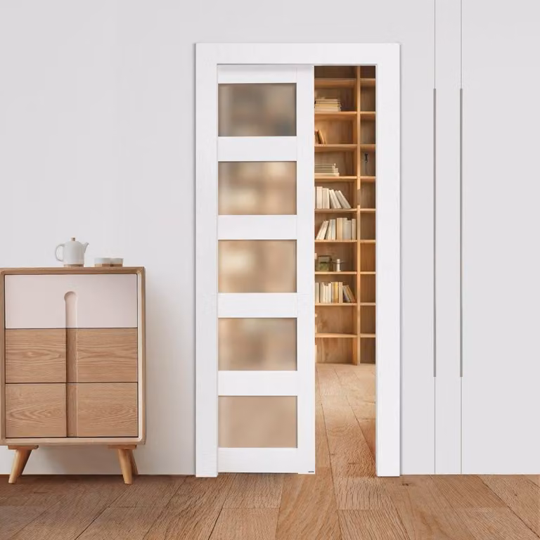 Porta scorrevole con vetro smerigliato - Struttura in legno MDF bianco - 915 x 2035 mm - Per interni - Soluzione salvaspazio per l'arredamento
