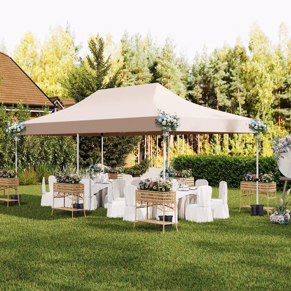 Gazebo pop-up Costway con 6 pareti laterali e ingressi con cerniera, struttura istantanea portatile per feste e picnic, Beige, L: 6 m, P: 3 m