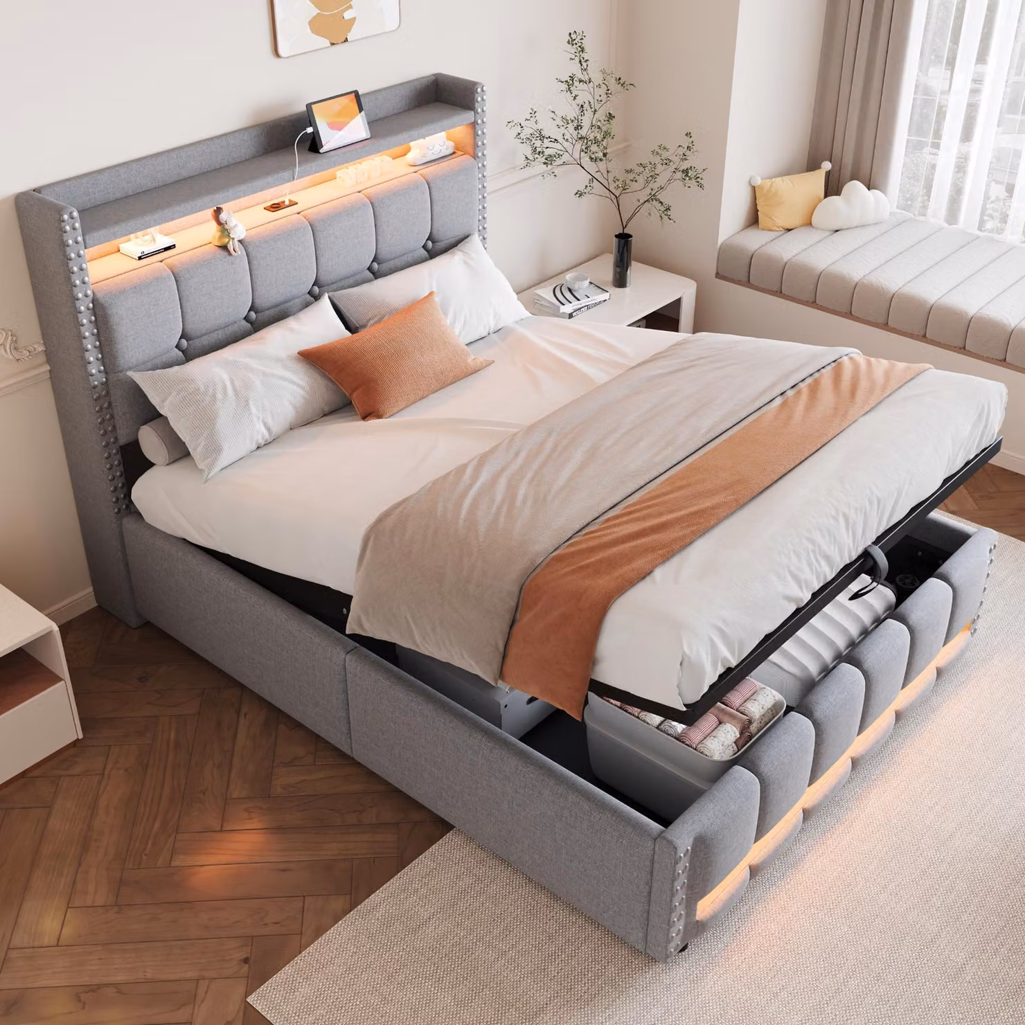 Letto imbottito idraulico Merax, 140x200 cm, con illuminazione a LED, struttura in lino, dotato di USB, spazio contenitivo tramite sistema idraulico, testiera con ripiani, dettagli in borchie, colore grigio chiaro