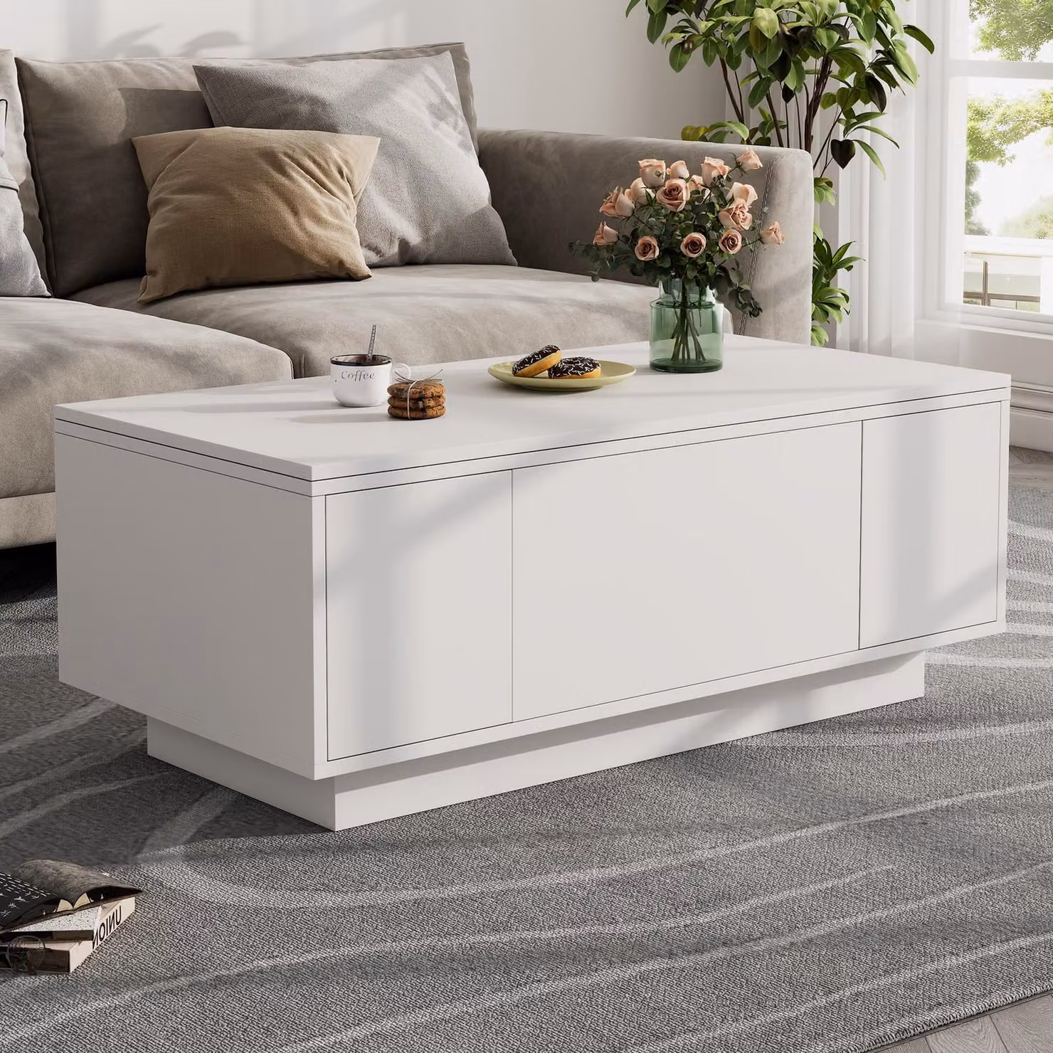 Tavolino da divano, dimensioni 100 x 50 x 43 cm, realizzato in pannello di particelle rivestito in bianco, dotato di un meccanismo di sollevamento a doppio sistema, vano contenitore nascosto e 2 ante