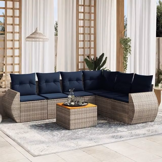 Set da giardino moderno vidaXL in polyrattan grigio con 7 pezzi, divano a L con cuscini e tavolino da caffè – 1
