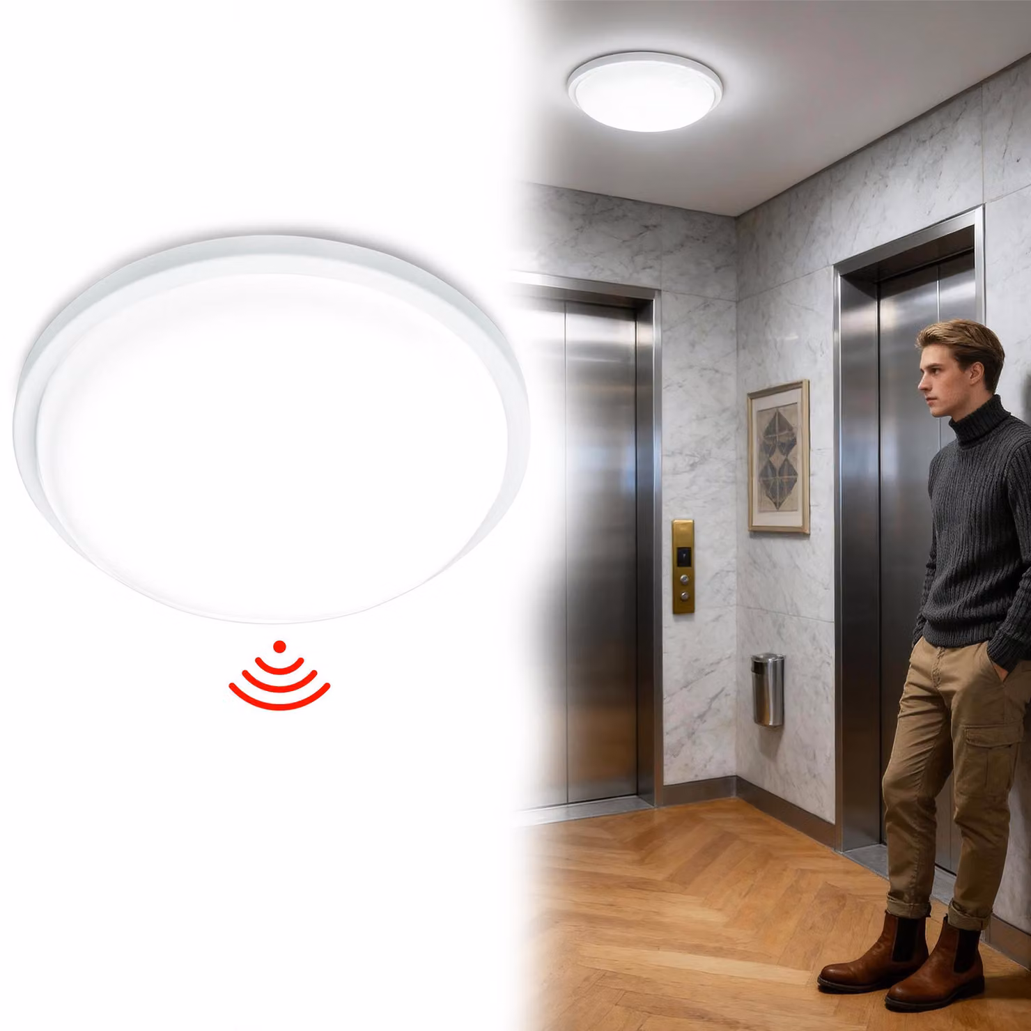 Lampada da soffitto LED VA-Cerulean da 15W con sensore di movimento a radar, forma circolare, diametro 22 cm, grado di protezione IP44 (resistente all'acqua), lampada da soffitto con sensore, luce bianca fredda