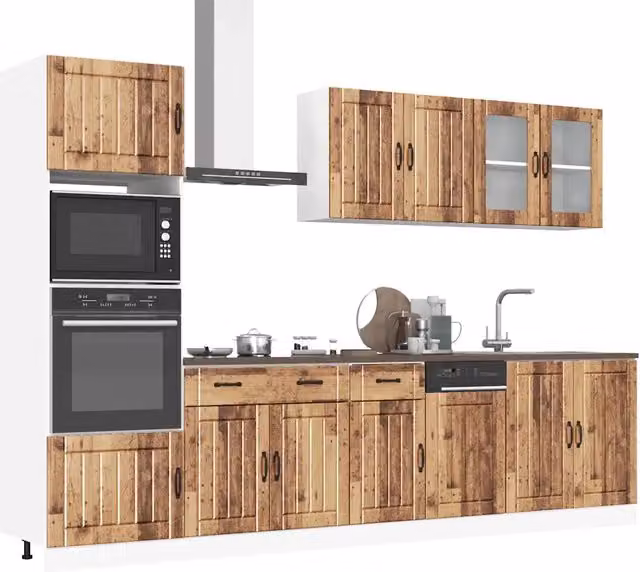 Set Mobili da Cucina Rustici vidaXL in Legno e Vetro Marrone con Ante in Vetro e Ripiani Interni