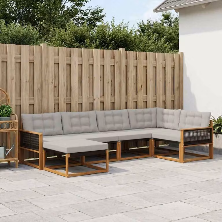 Set di divani da esterno vidaXL a forma di L composto da 6 pezzi in legno di acacia con cuscini in tessuto beige e grigio per giardino e terrazza