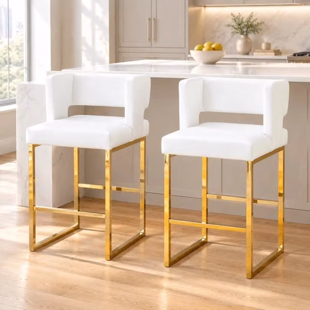 Sgabello da bar MIVRAY moderno in ecopelle bianca con gambe in metallo dorato e struttura geometrica