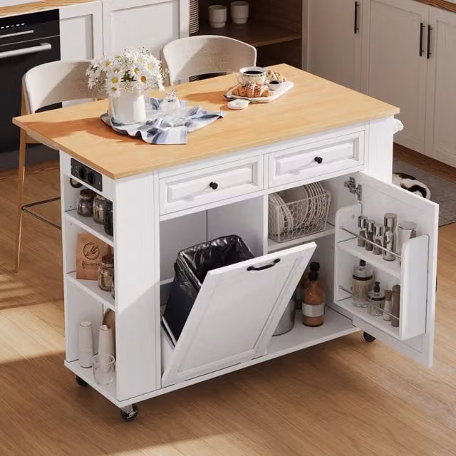 Isola da cucina mobile bianca con piano estensibile, prese integrate e vano contenitore