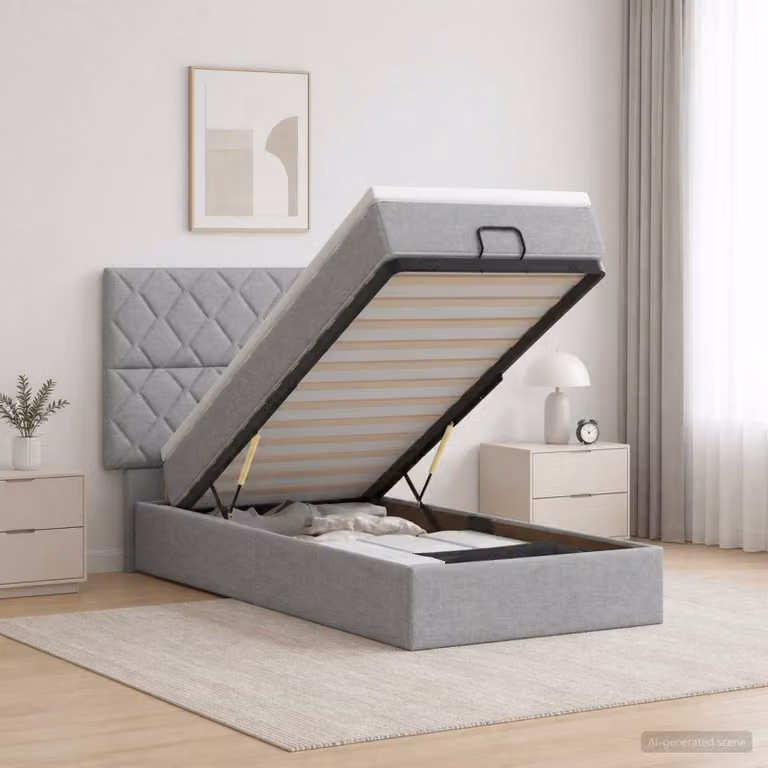 Letto ottomano con materasso vidaXL in tessuto Grigio Chiaro, L/P/H: 90 x 200 x 128 cm